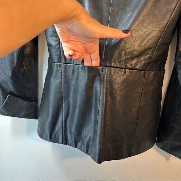 EXTE COLLEZIONE VERSACE WOMANS LEATHER JACKET BLAZER 42 US 6 BLACK ITALY CUT OUT - Picture 6 of 16